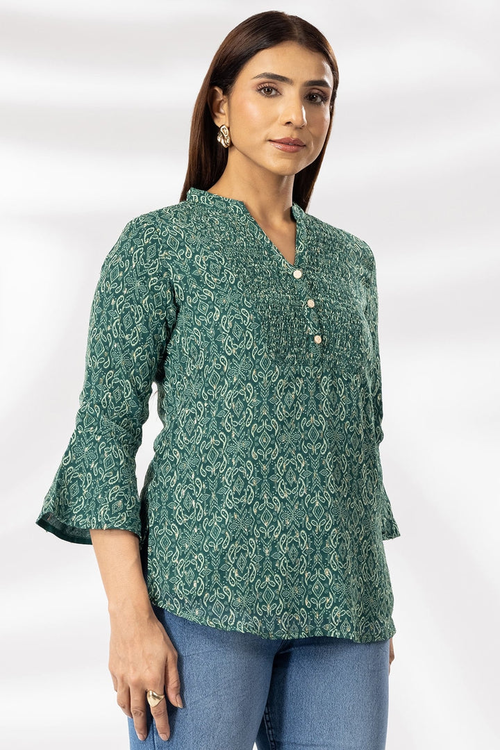 Green Printed Chiffon Lurex Casual Top with Mandarin Collar