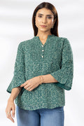 Green Printed Chiffon Lurex Casual Top with Mandarin Collar