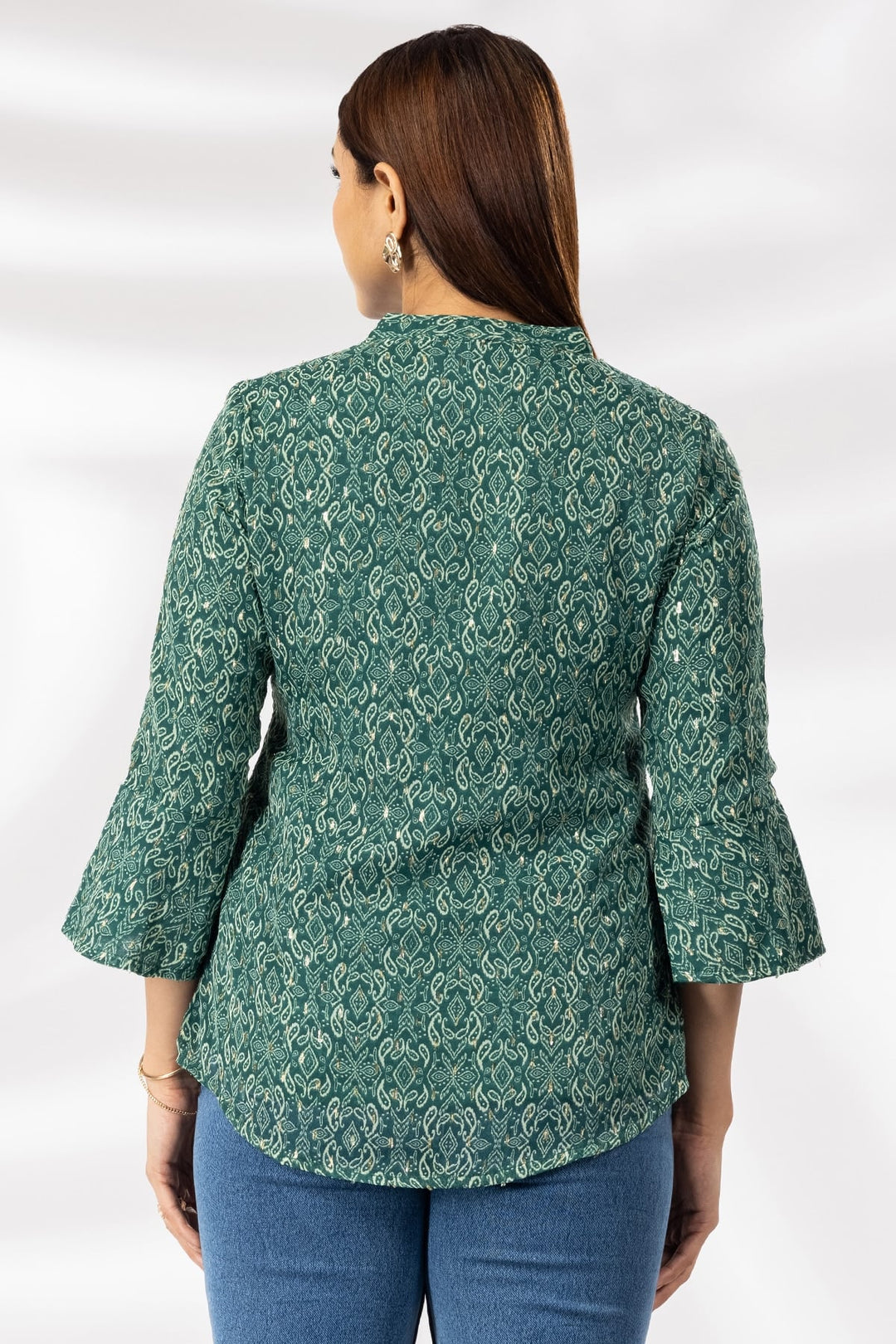 Green Printed Chiffon Lurex Casual Top with Mandarin Collar