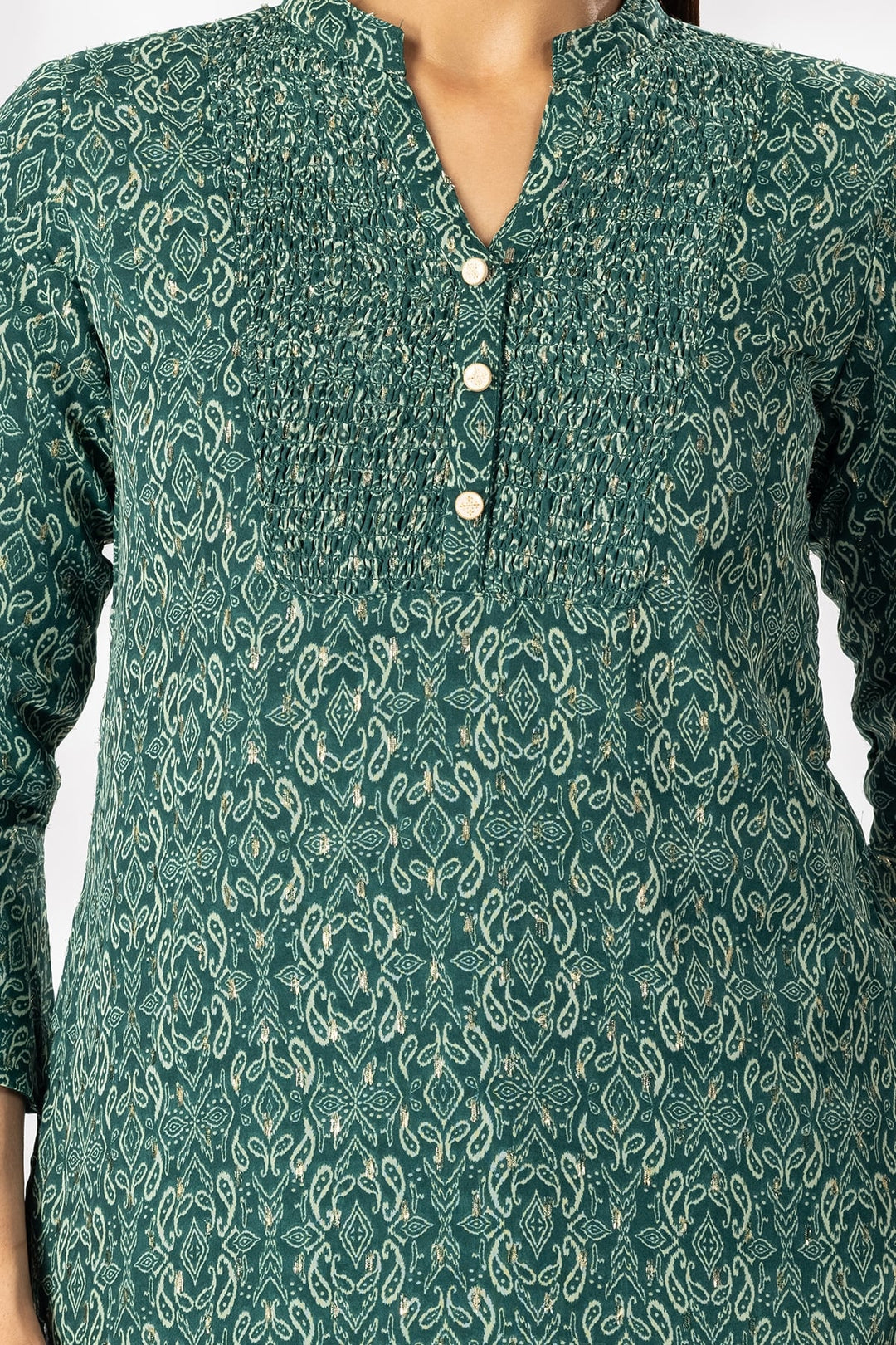 Green Printed Chiffon Lurex Casual Top with Mandarin Collar