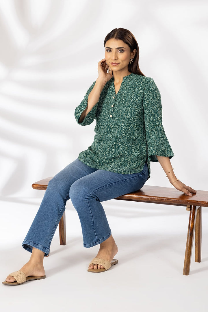 Green Printed Chiffon Lurex Casual Top with Mandarin Collar