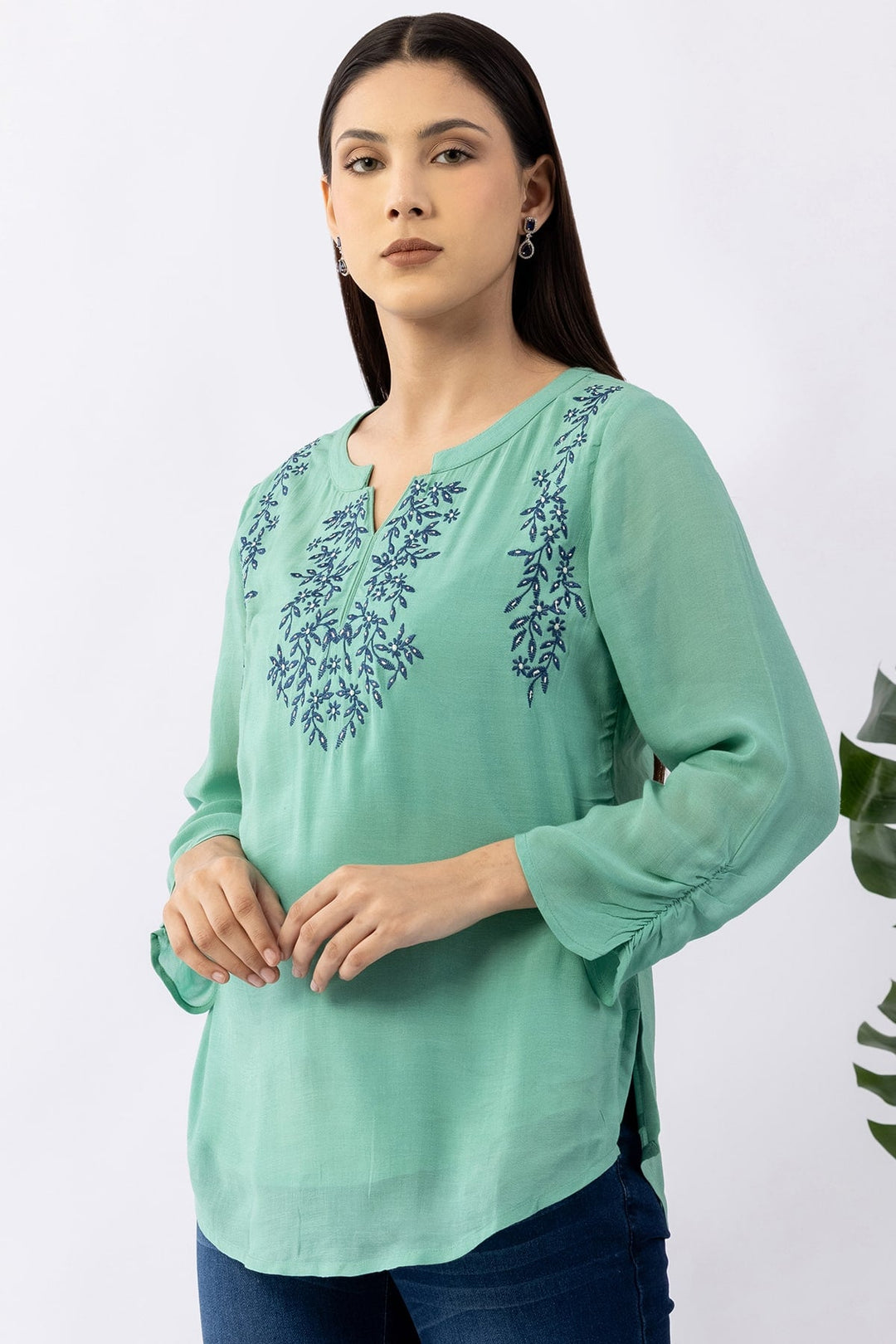 Mint Green Viscose Georgette Top with Regular Fit