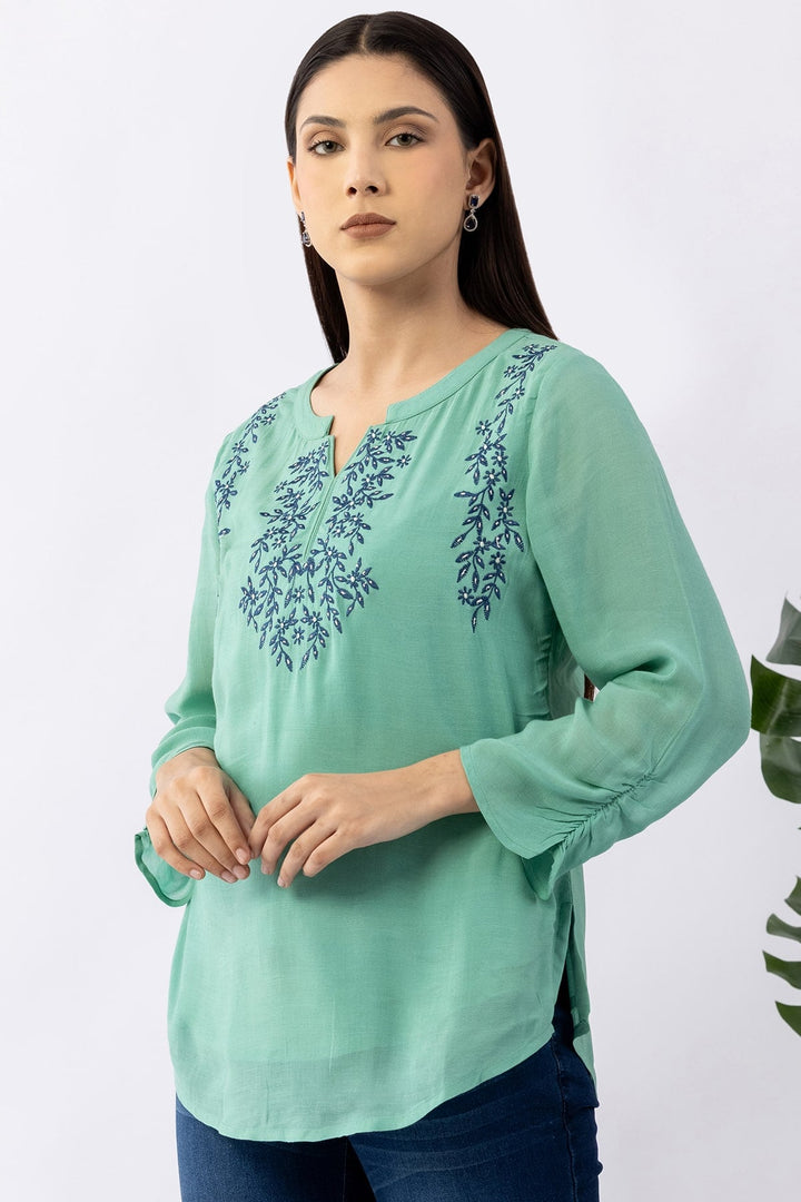 Mint Green Viscose Georgette Top with Regular Fit