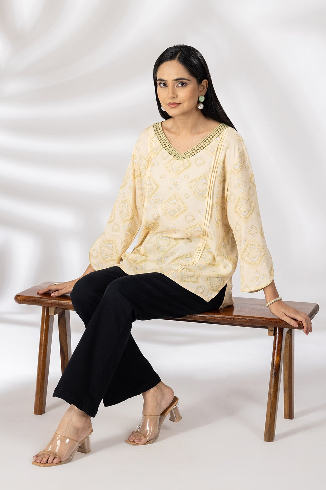 Beige Printed Rayon Casual Top with V-Neck &amp; 3/4th Sleeves