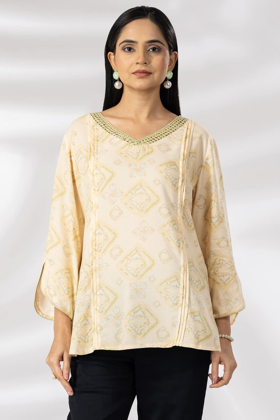 Beige Printed Rayon Casual Top with V-Neck &amp; 3/4th Sleeves