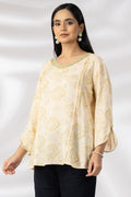 Beige Printed Rayon Casual Top with V-Neck & 3/4th Sleeves