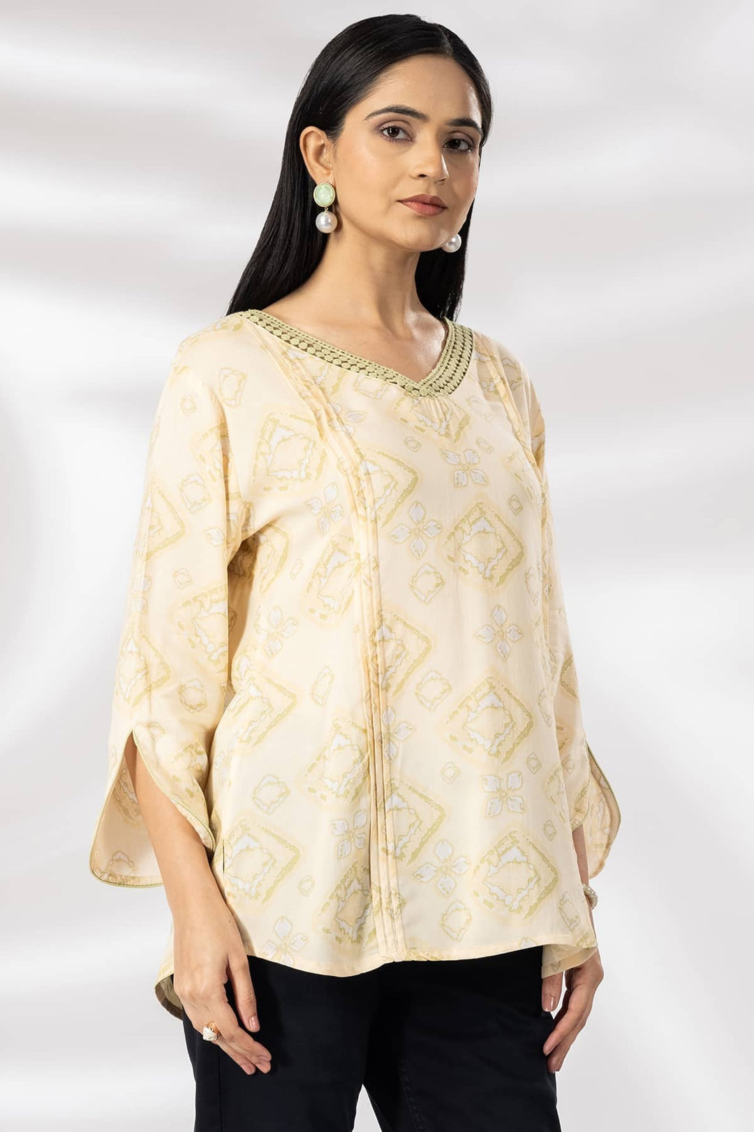 Beige Printed Rayon Casual Top with V-Neck &amp; 3/4th Sleeves