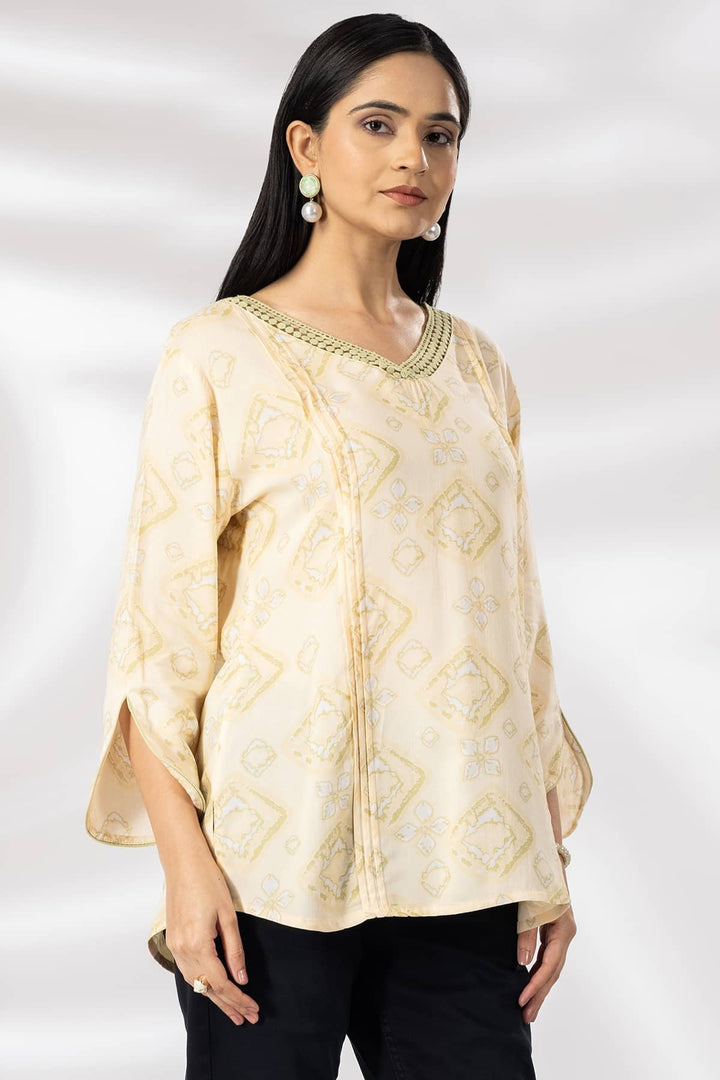Beige Printed Rayon Casual Top with V-Neck &amp; 3/4th Sleeves