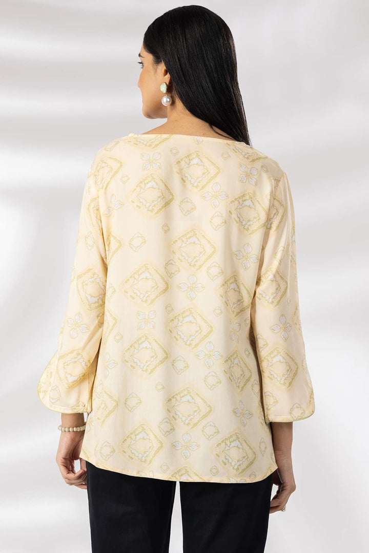 Beige Printed Rayon Casual Top with V-Neck &amp; 3/4th Sleeves
