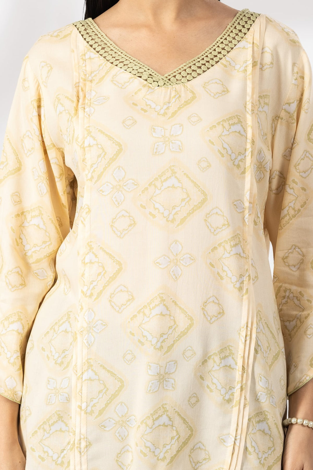 Beige Printed Rayon Casual Top with V-Neck &amp; 3/4th Sleeves