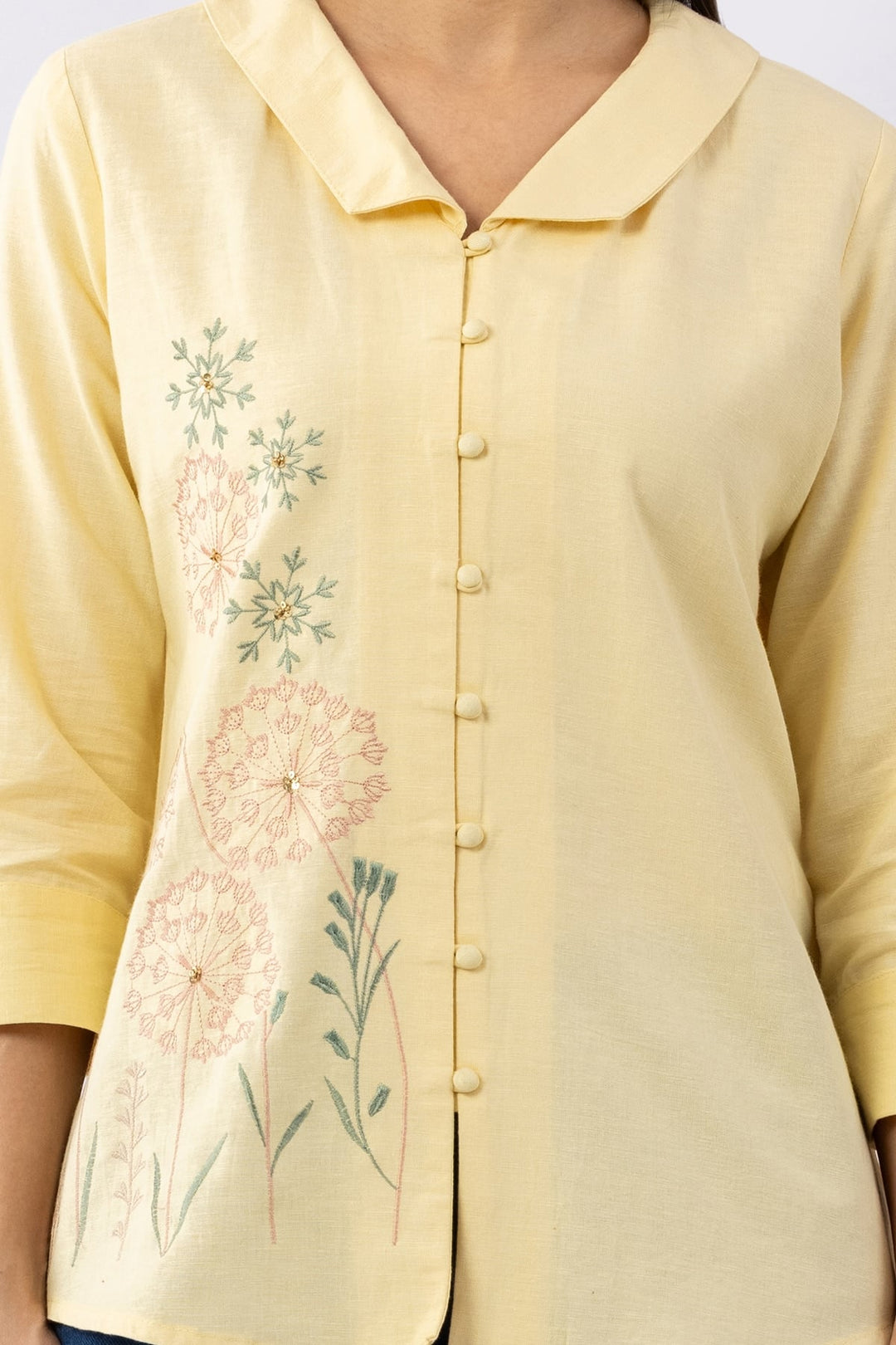Embroidered Yellow Viscose Linen Shirt with Collared Neck &amp; 3/4 Sleeves