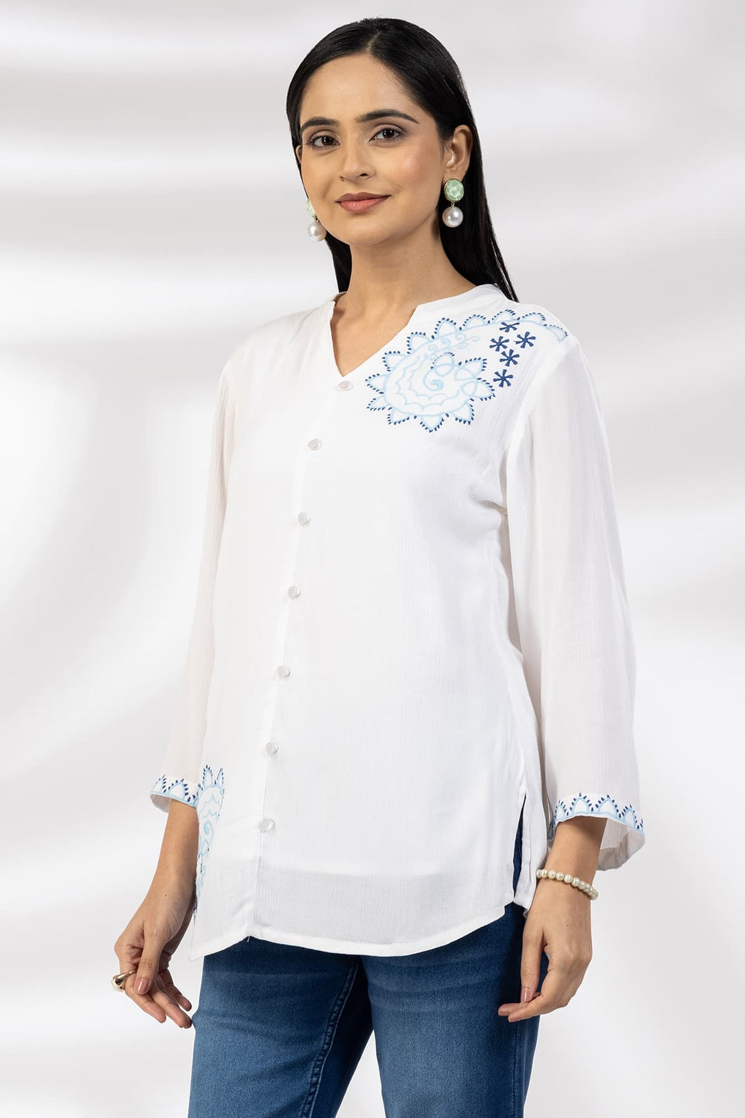 White Embroidered Rayon Crepe Casual Top with Mandarin Collar