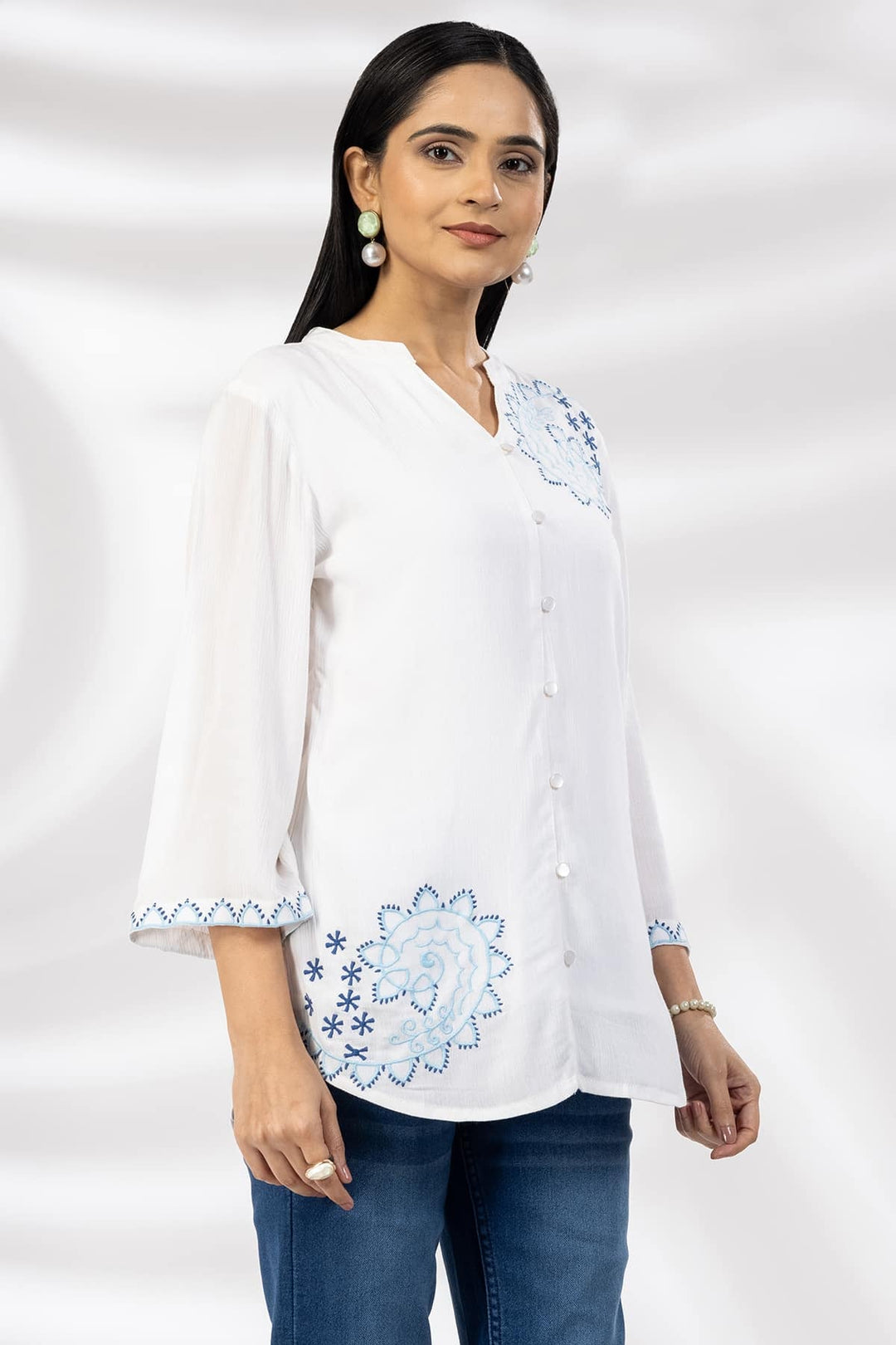 White Embroidered Rayon Crepe Casual Top with Mandarin Collar