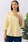 Embroidered Yellow Viscose Linen Shirt with Collared Neck & 3/4 Sleeves