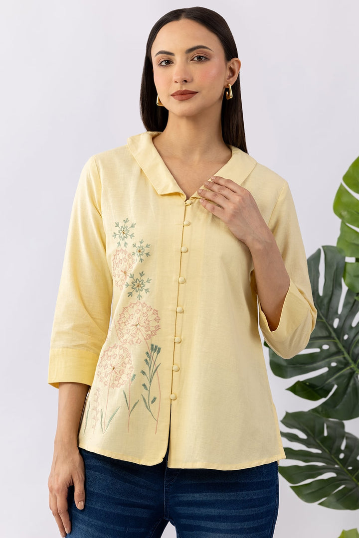 Embroidered Yellow Viscose Linen Shirt with Collared Neck &amp; 3/4 Sleeves