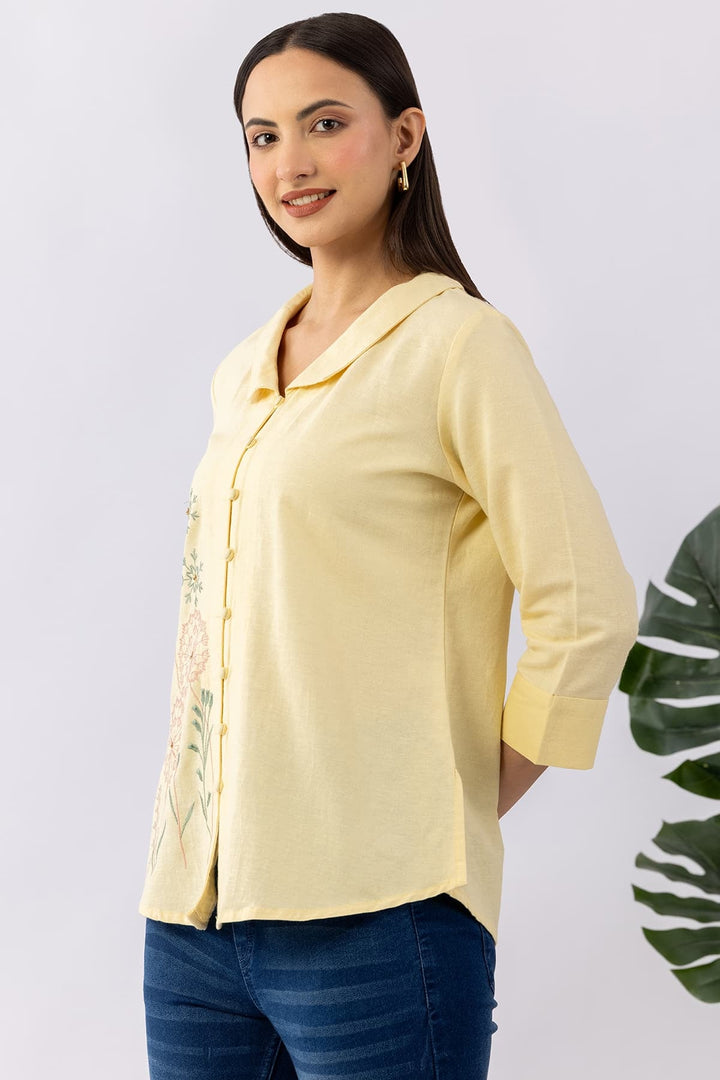 Embroidered Yellow Viscose Linen Shirt with Collared Neck &amp; 3/4 Sleeves