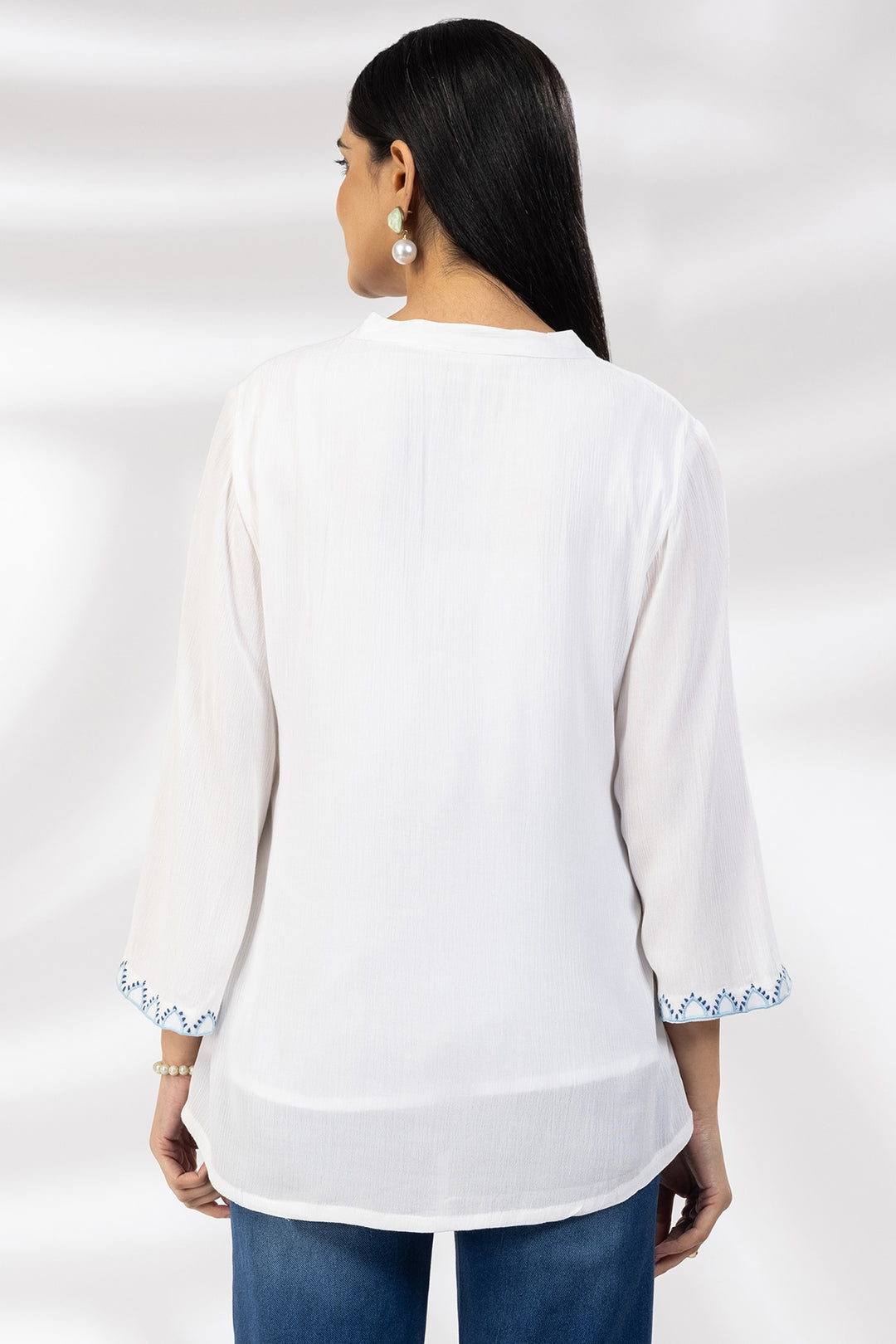 White Embroidered Rayon Crepe Casual Top with Mandarin Collar