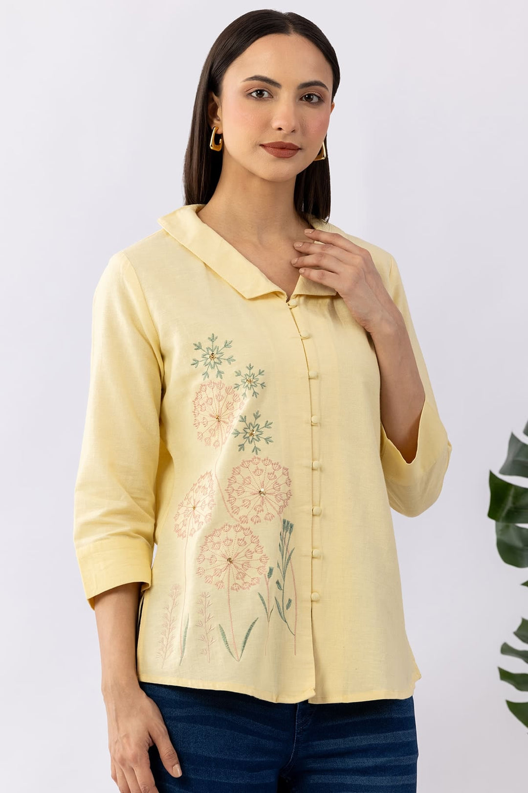 Embroidered Yellow Viscose Linen Shirt with Collared Neck &amp; 3/4 Sleeves
