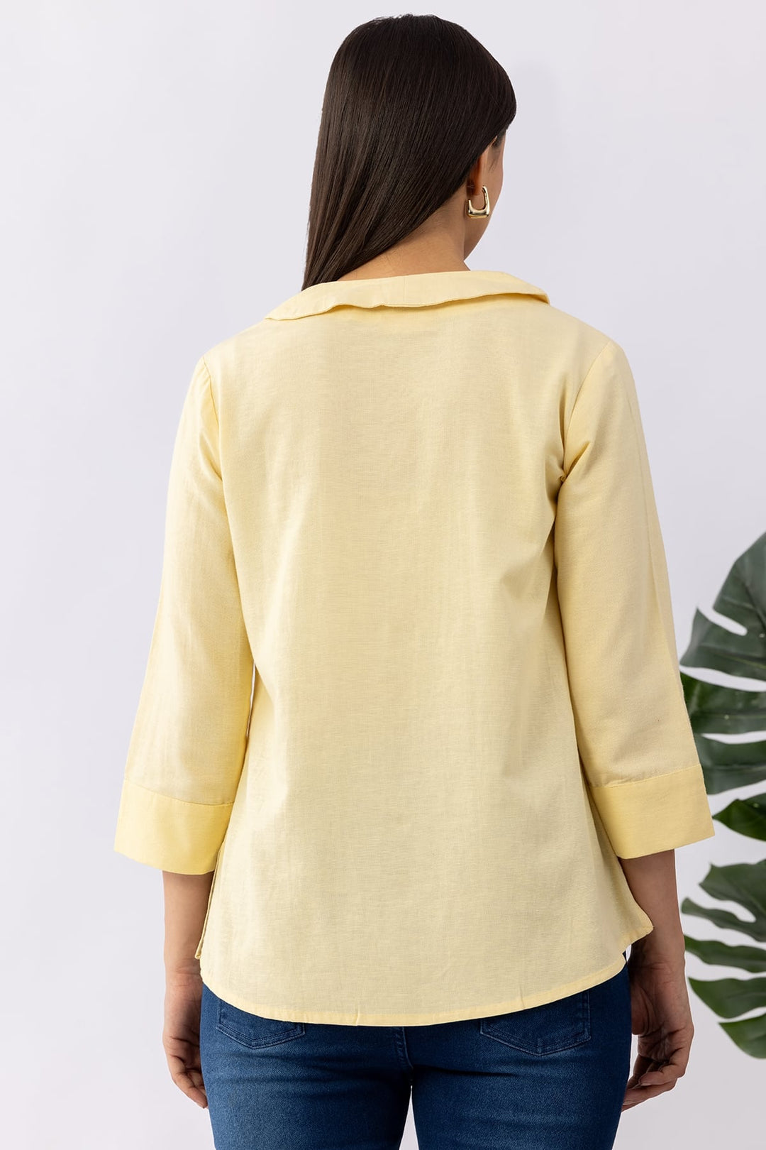 Embroidered Yellow Viscose Linen Shirt with Collared Neck &amp; 3/4 Sleeves