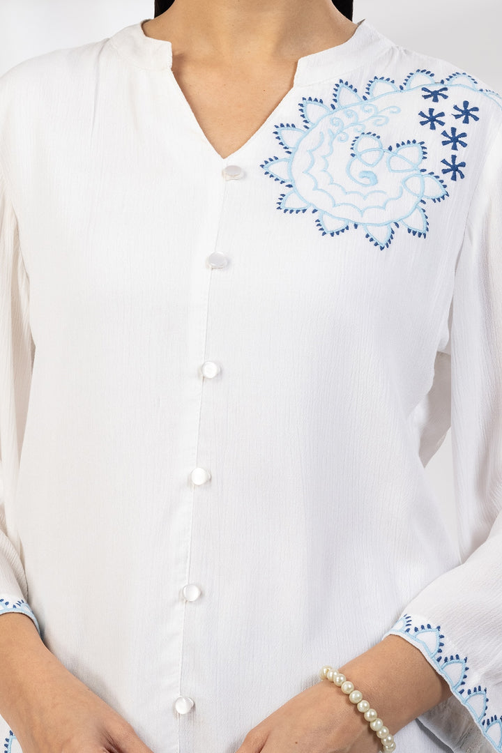White Embroidered Rayon Crepe Casual Top with Mandarin Collar