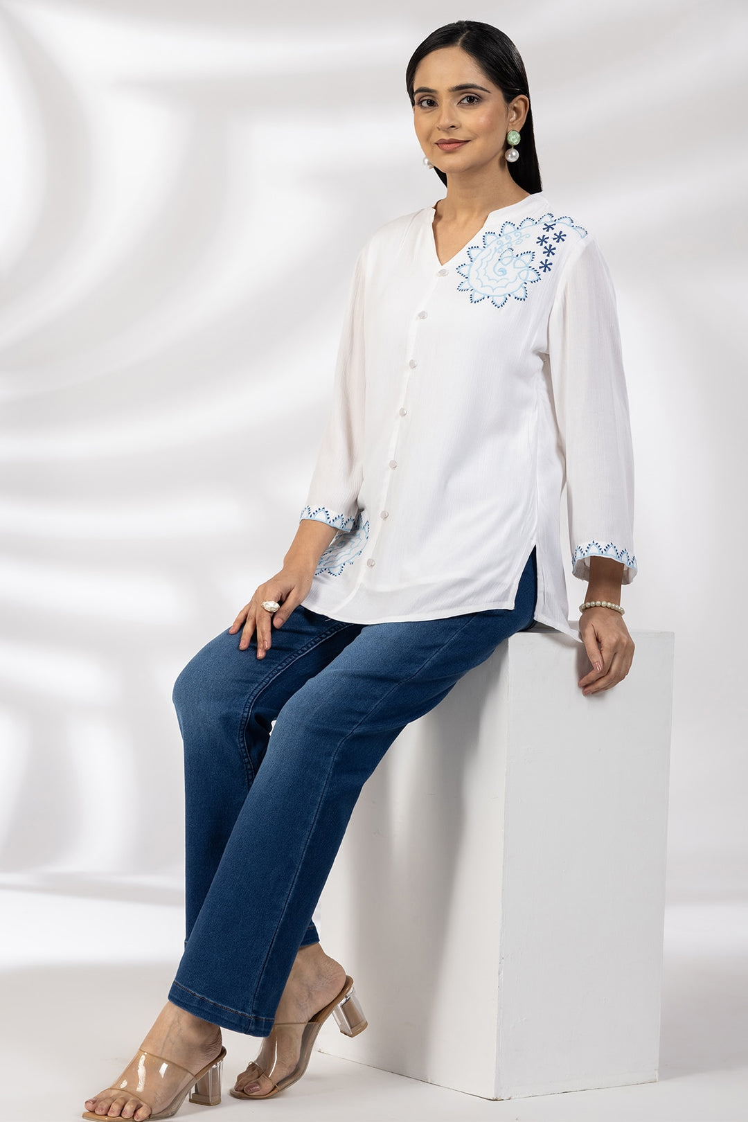 White Embroidered Rayon Crepe Casual Top with Mandarin Collar