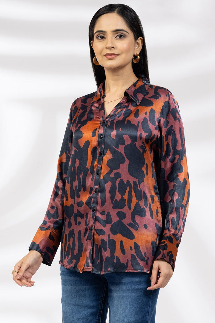 Purple Printed Viscose Shirt with Collar and Full Sleeves