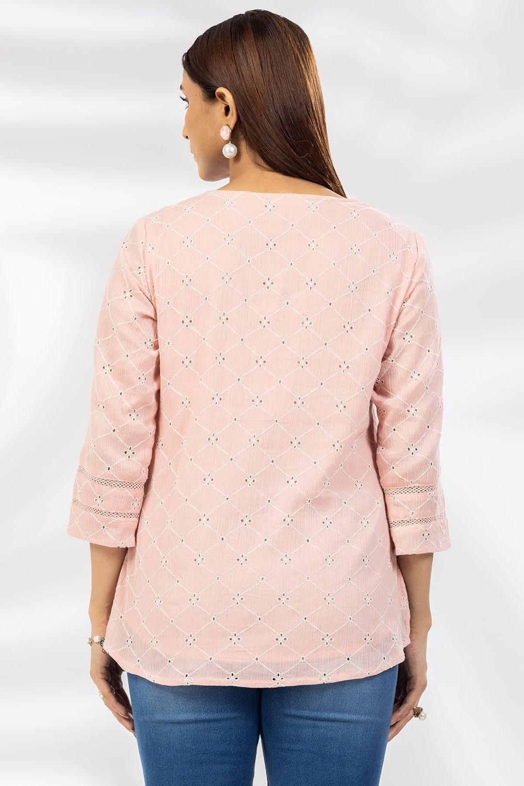 Pink Schiffli Embroidered Casual Top with V-Neck