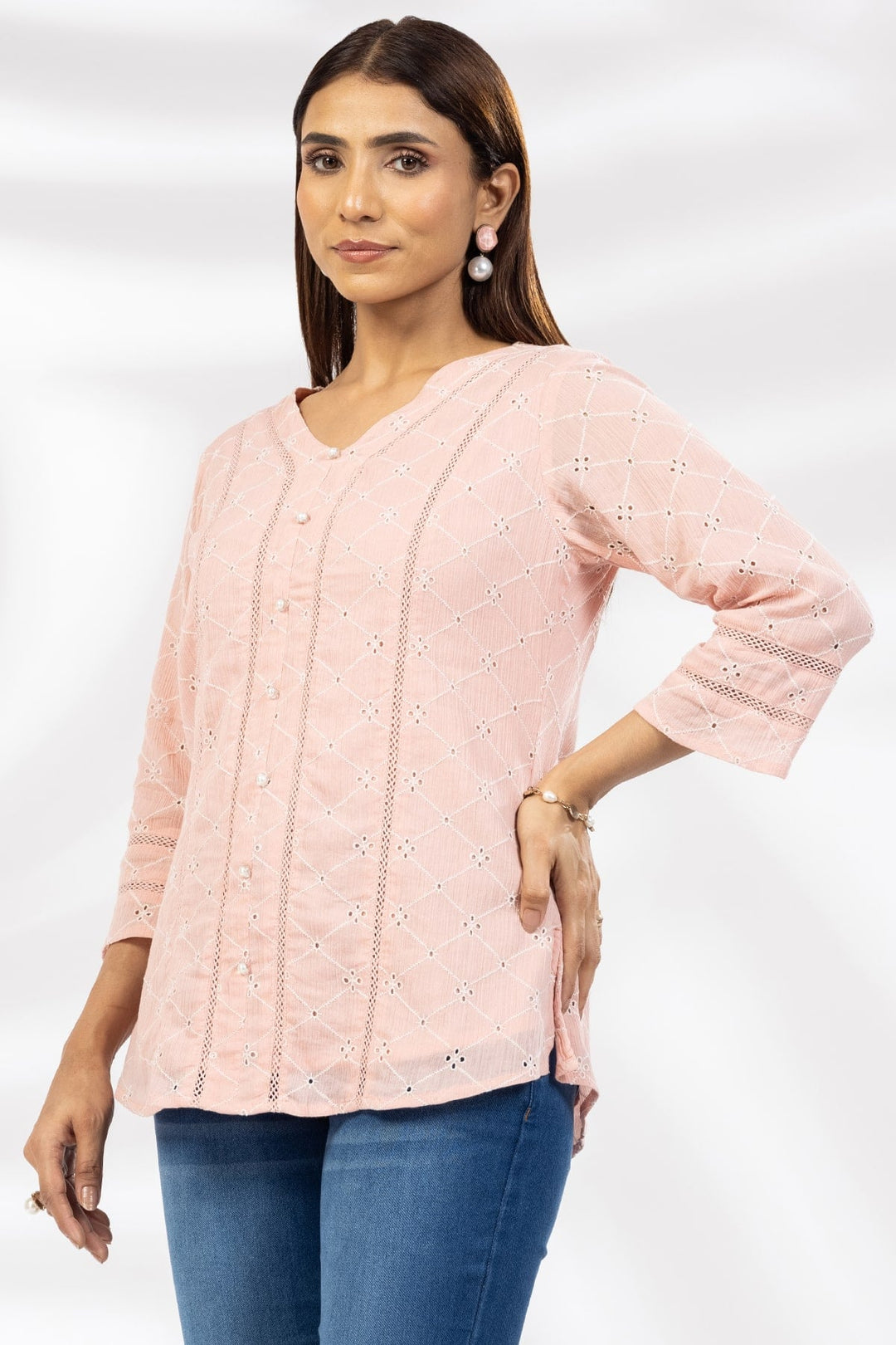 Pink Schiffli Embroidered Casual Top with V-Neck