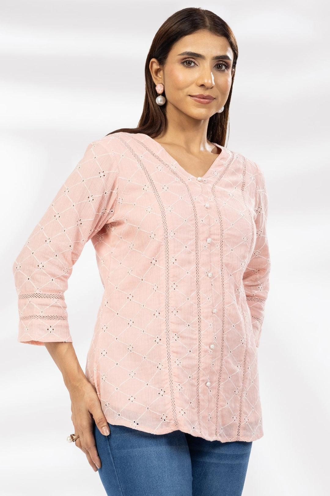 Pink Schiffli Embroidered Casual Top with V-Neck