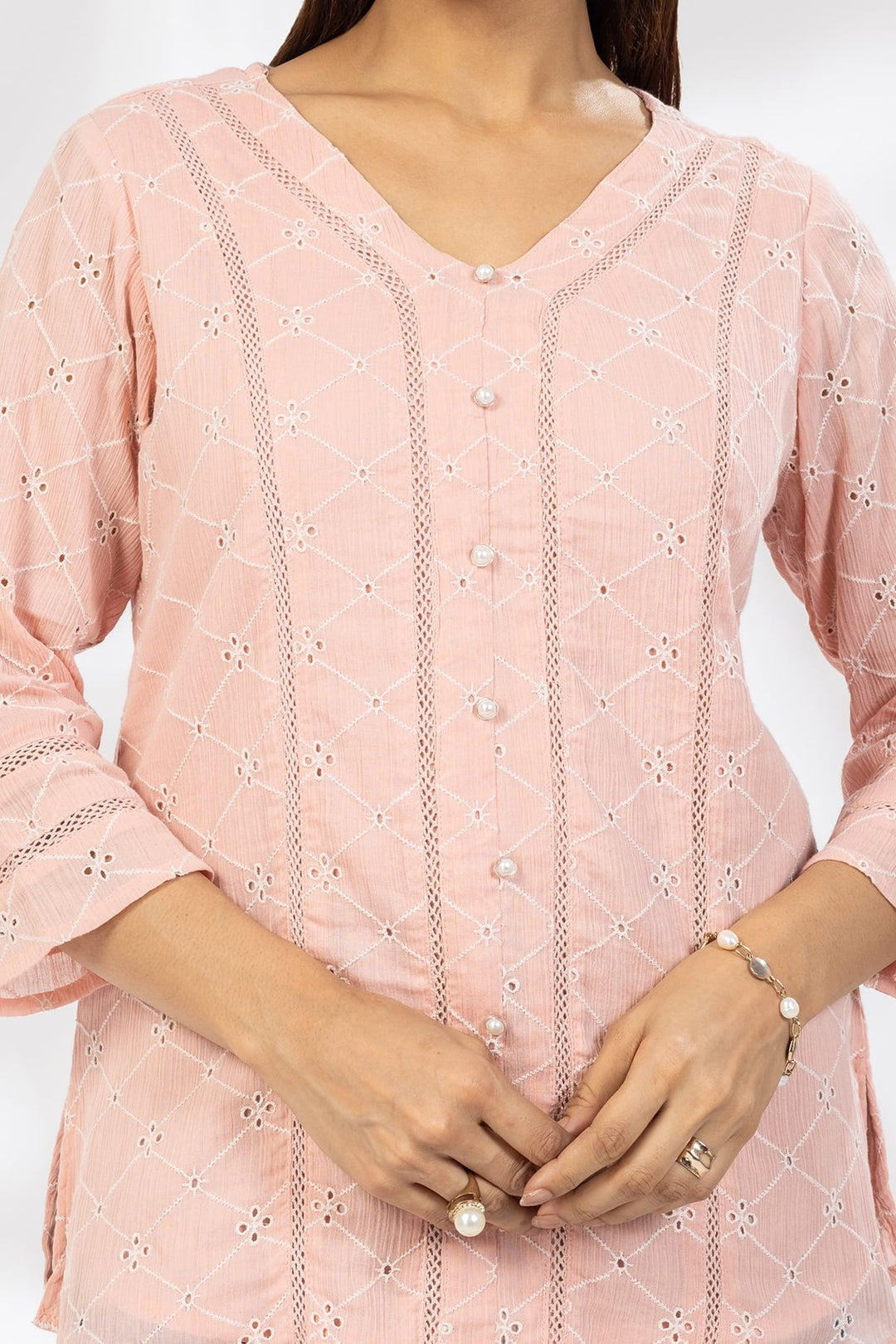 Pink Schiffli Embroidered Casual Top with V-Neck