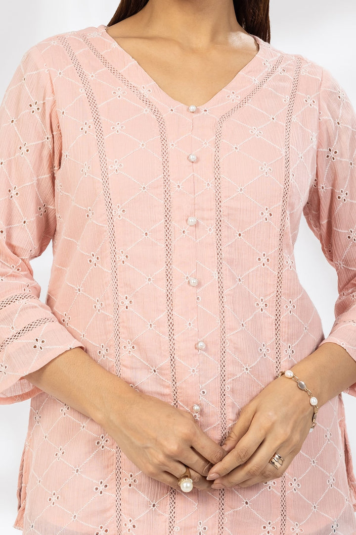 Pink Schiffli Embroidered Casual Top with V-Neck
