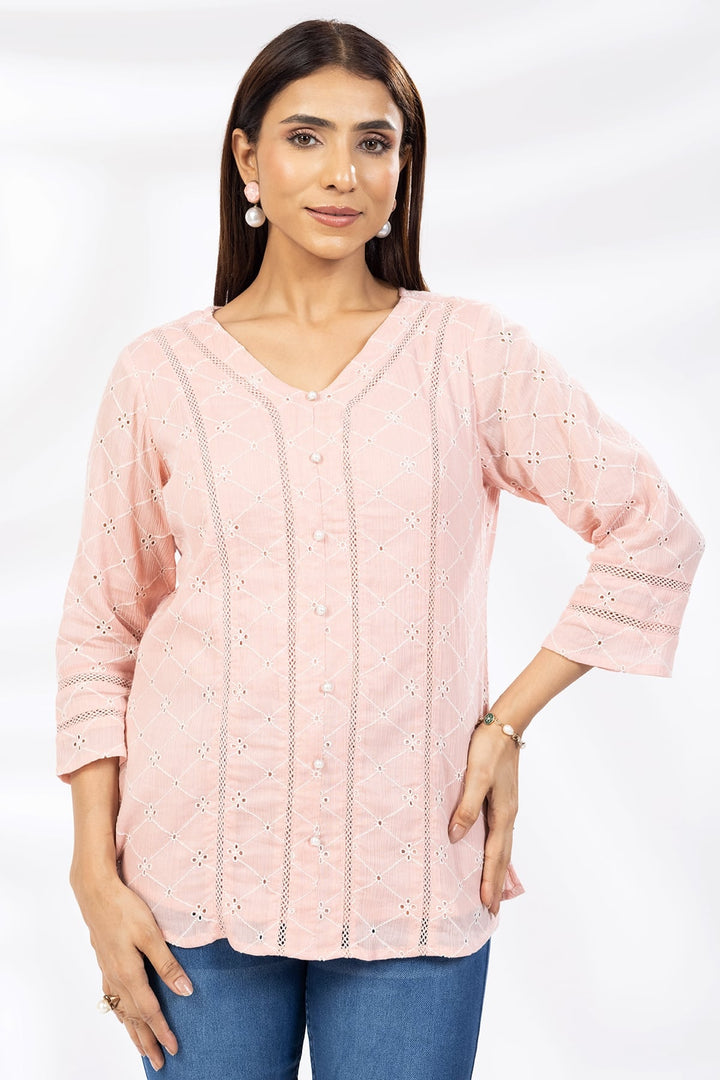 Pink Schiffli Embroidered Casual Top with V-Neck