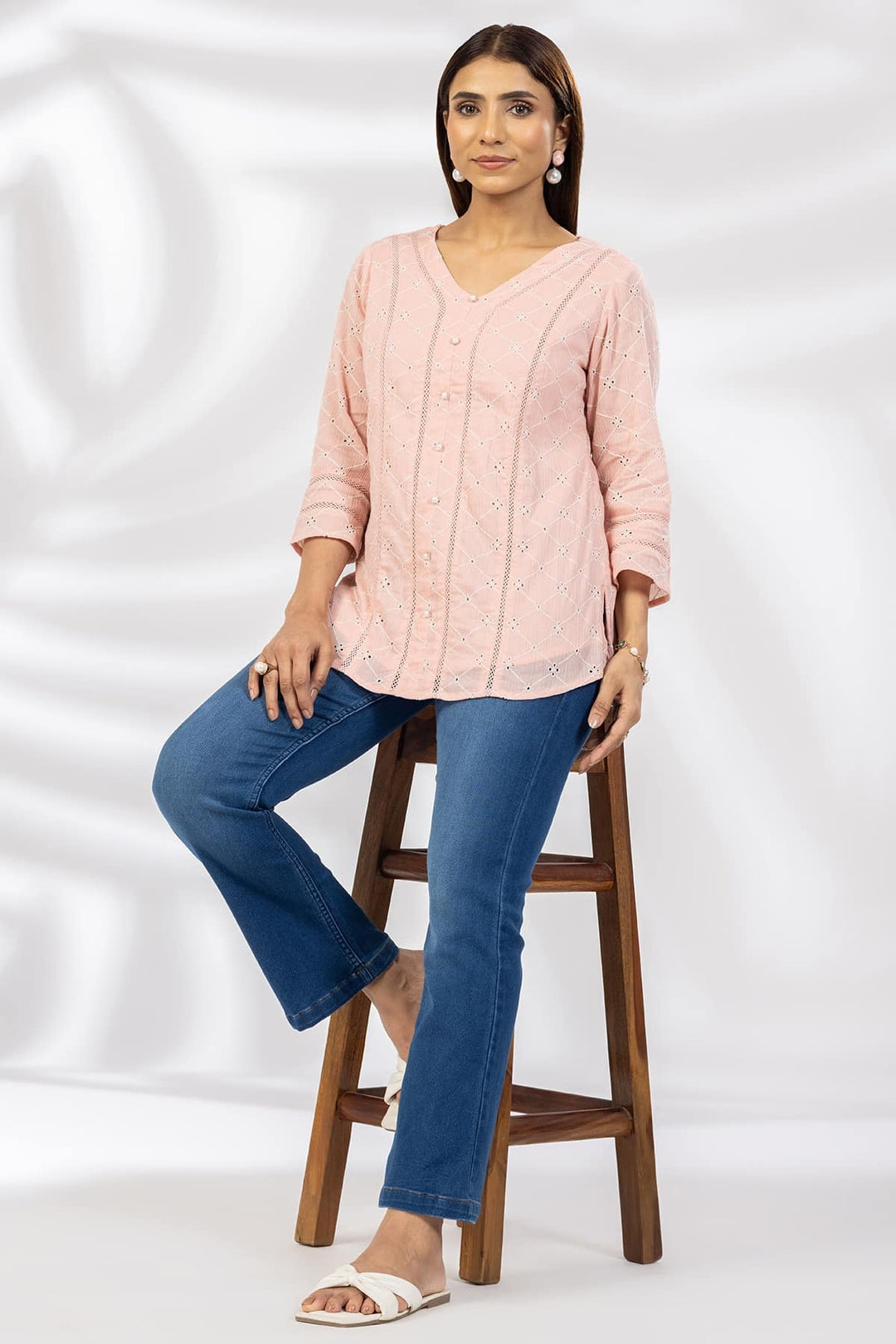 Pink Schiffli Embroidered Casual Top with V-Neck