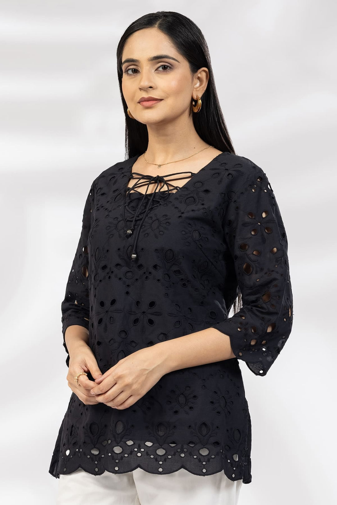 Black Schiffli Casual Top with Square Neck &amp; 3/4th Sleeves