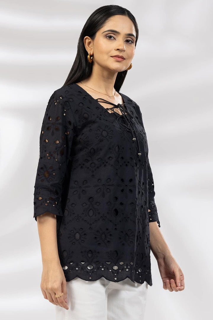 Black Schiffli Casual Top with Square Neck &amp; 3/4th Sleeves
