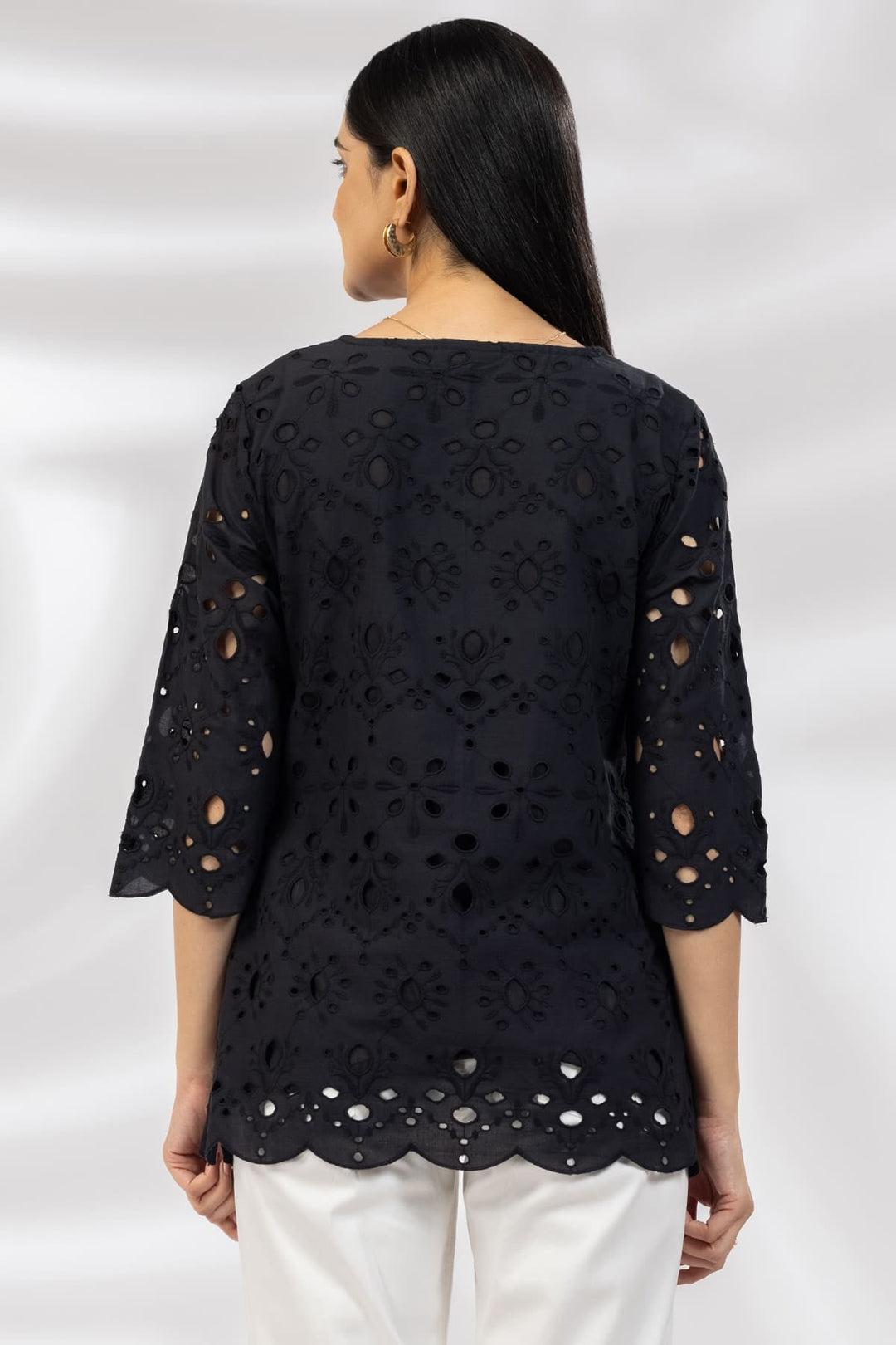 Black Schiffli Casual Top with Square Neck &amp; 3/4th Sleeves