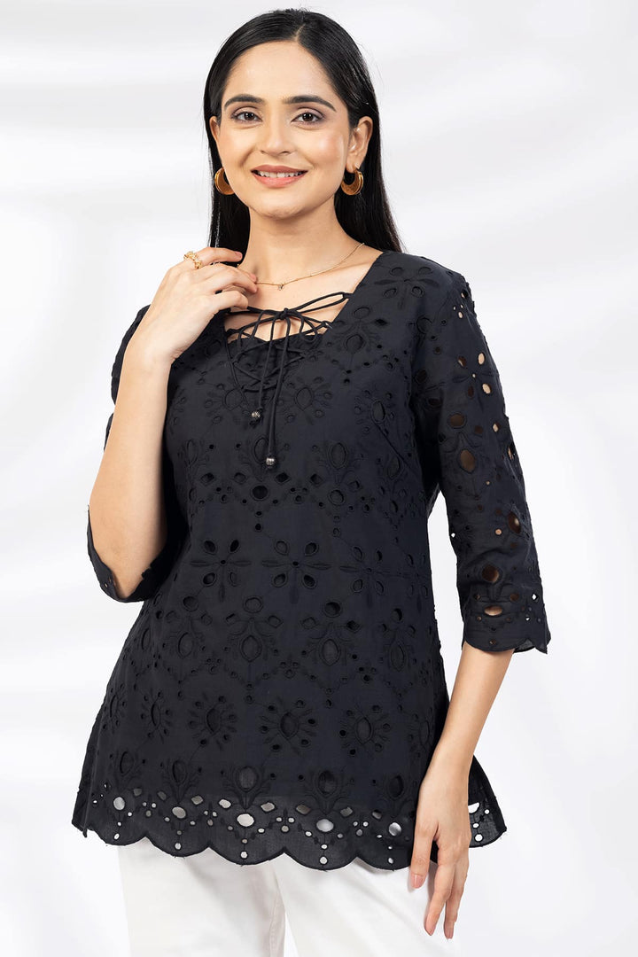 Black Schiffli Casual Top with Square Neck &amp; 3/4th Sleeves