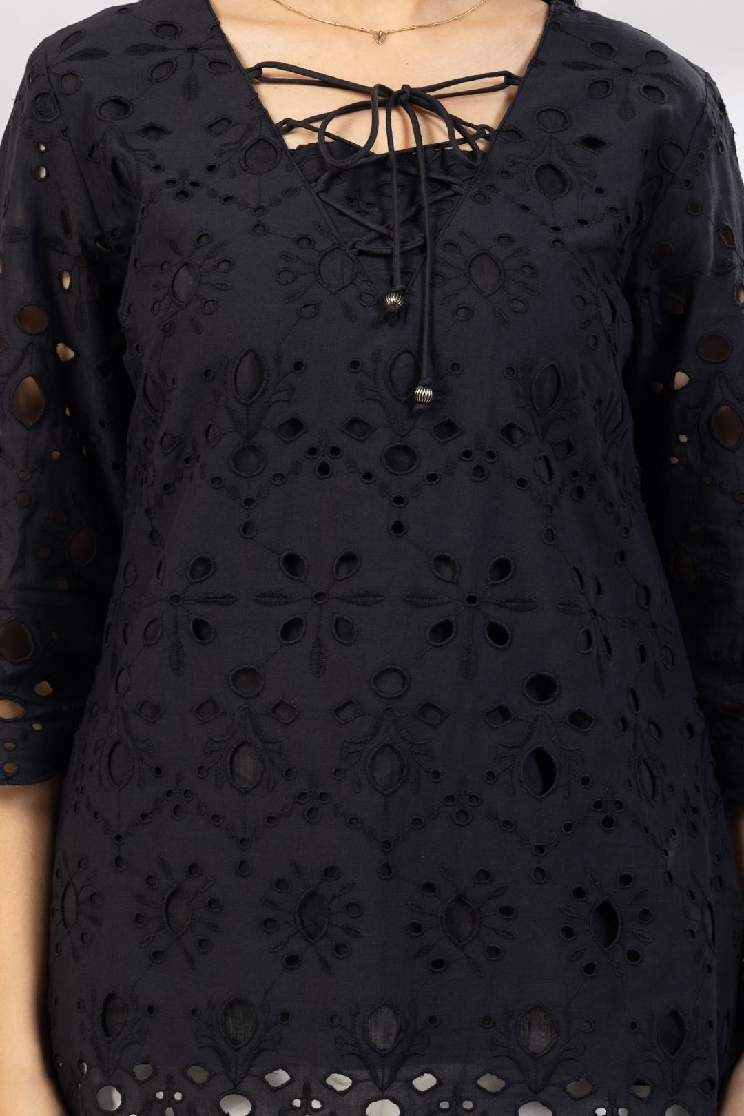 Black Schiffli Casual Top with Square Neck &amp; 3/4th Sleeves