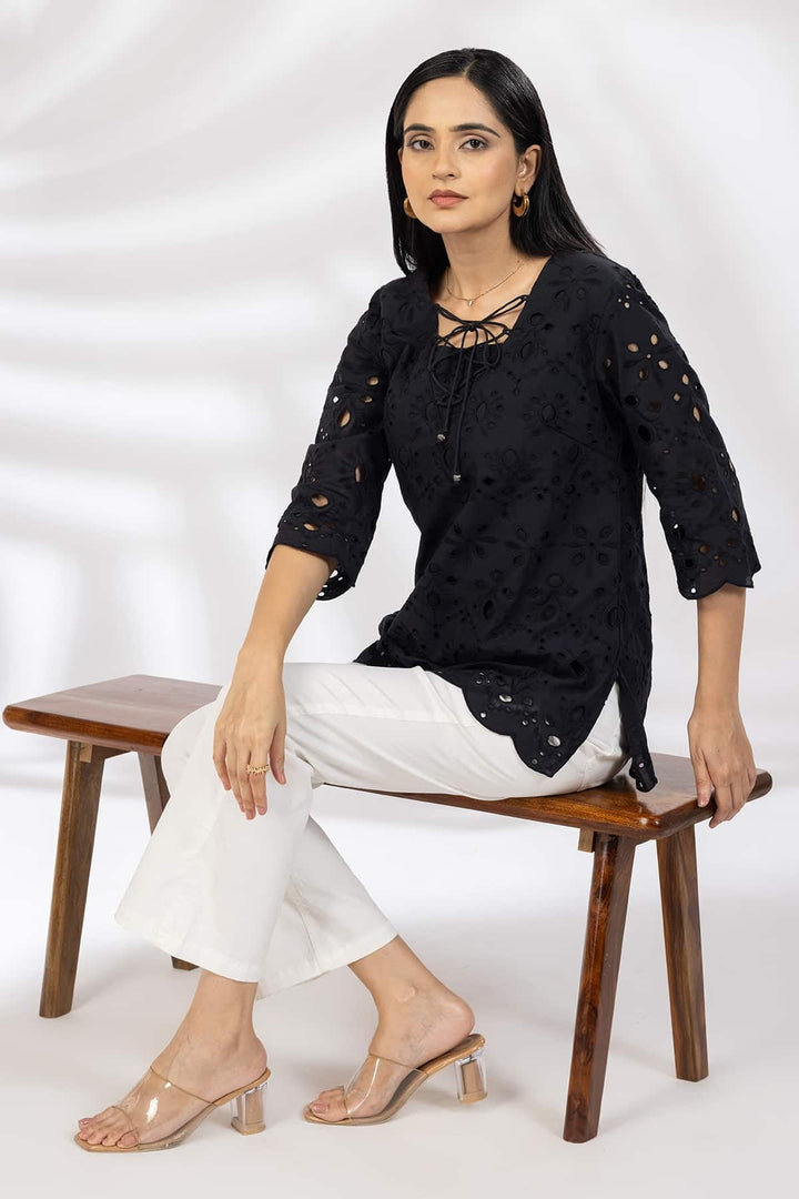 Black Schiffli Casual Top with Square Neck &amp; 3/4th Sleeves