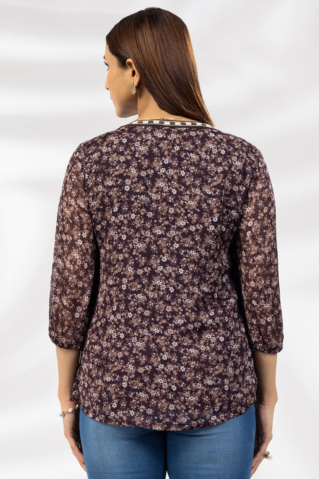 Brown Embroidered Chiffon Casual Top with Round Neck