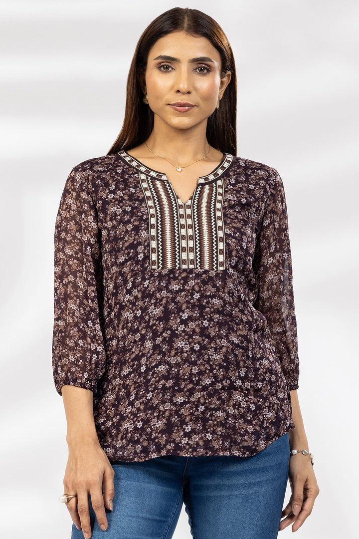 Brown Embroidered Chiffon Casual Top with Round Neck