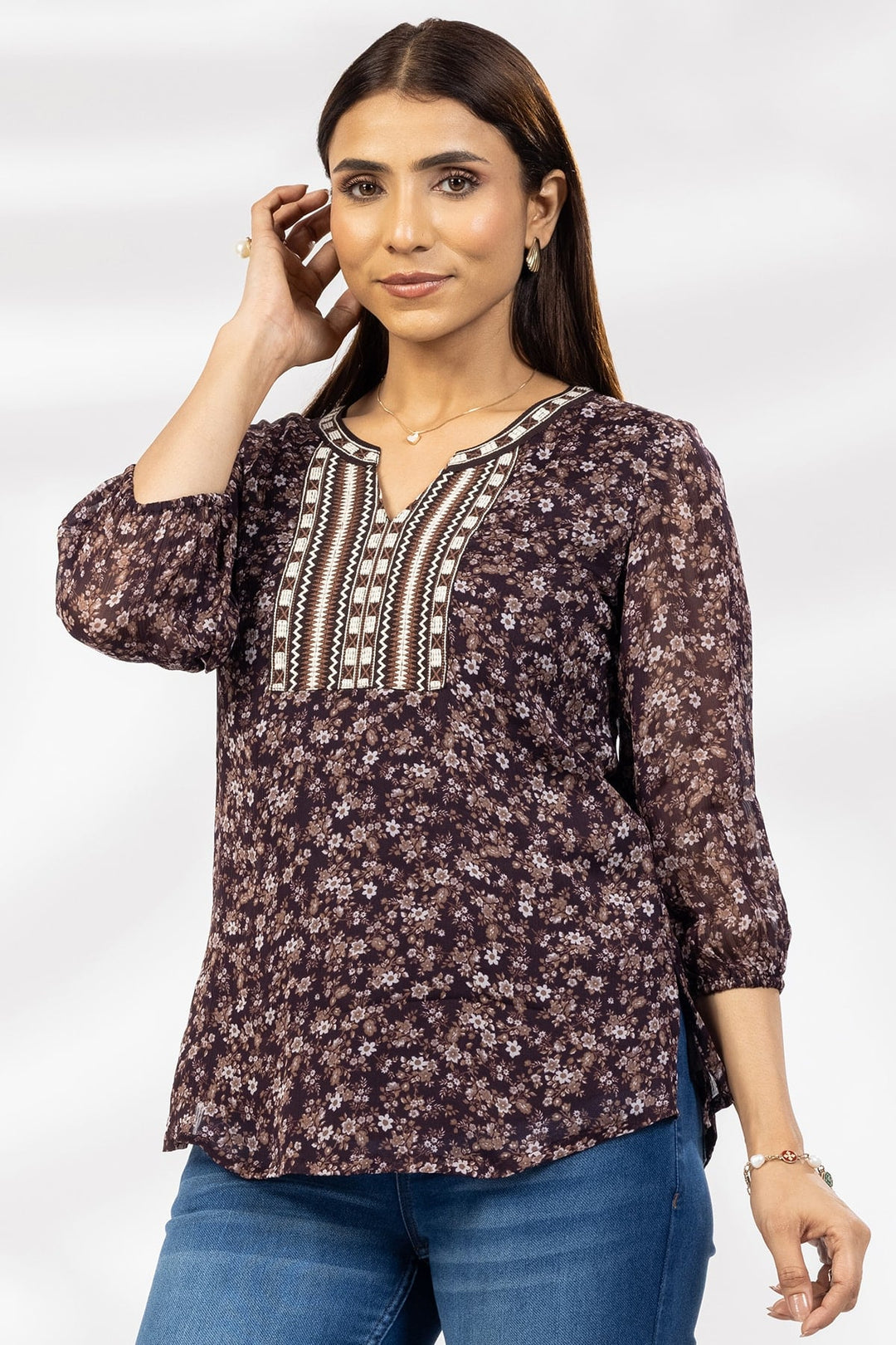 Brown Embroidered Chiffon Casual Top with Round Neck