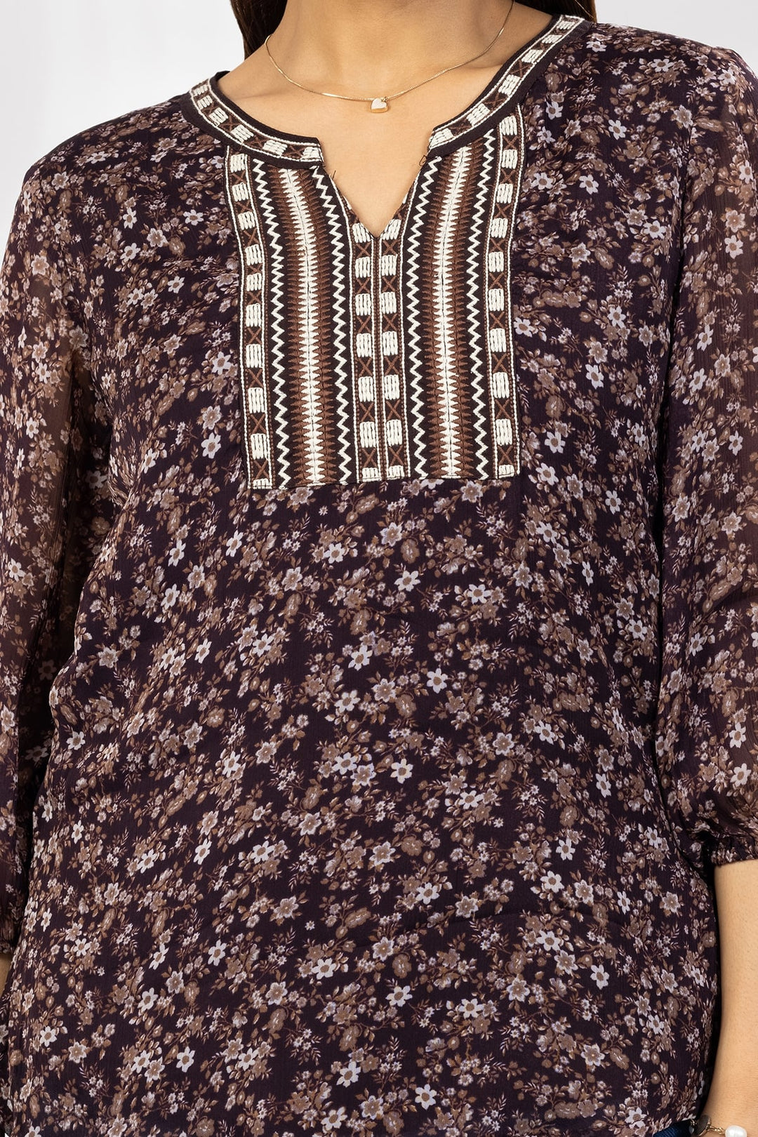 Brown Embroidered Chiffon Casual Top with Round Neck