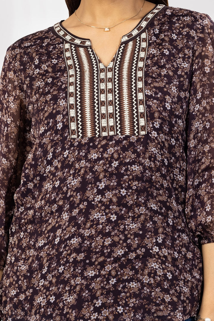 Brown Embroidered Chiffon Casual Top with Round Neck