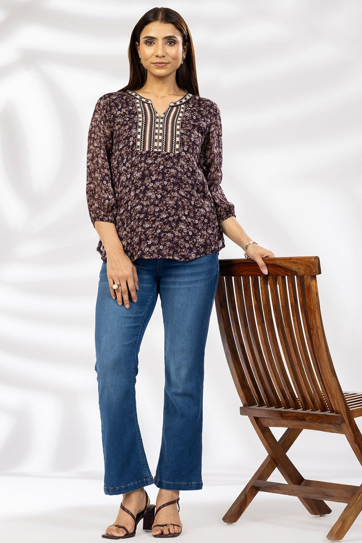 Brown Embroidered Chiffon Casual Top with Round Neck