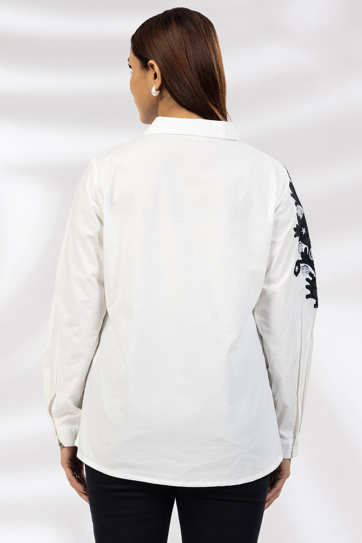 White Embroidered Cotton Shirt with Collared Neck &amp; Full Sleeves