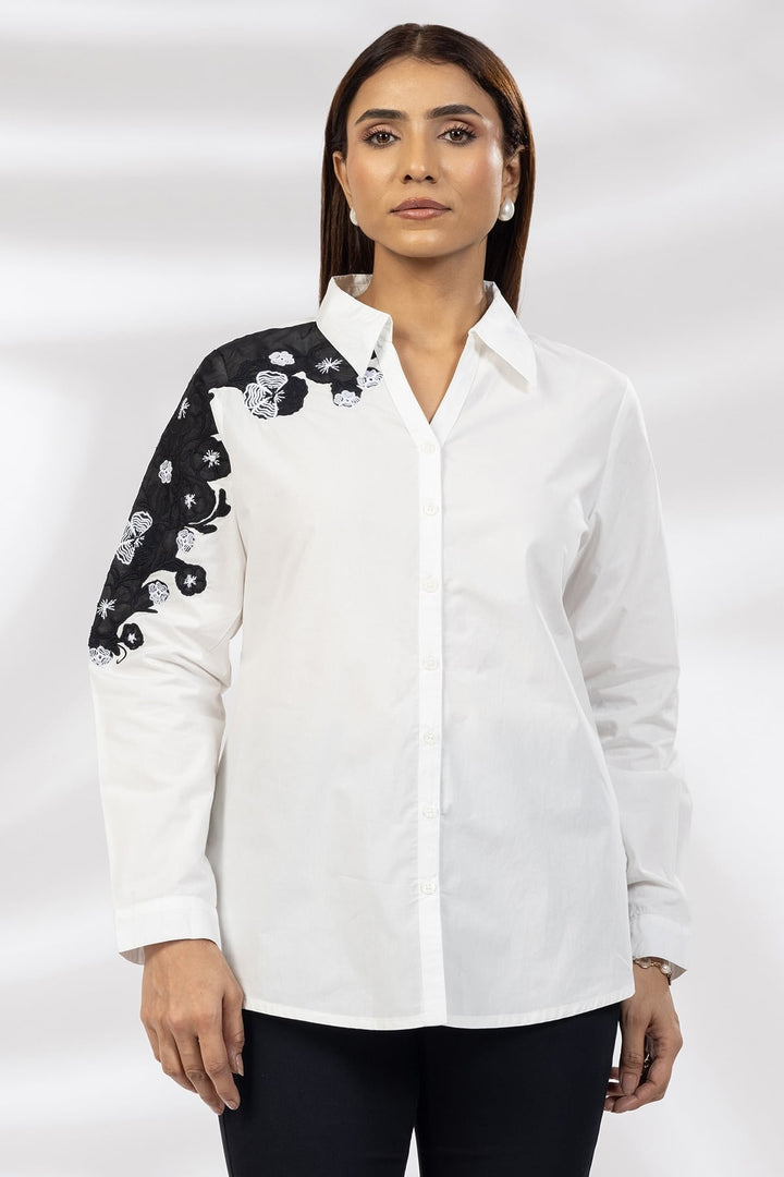 White Embroidered Cotton Shirt with Collared Neck &amp; Full Sleeves
