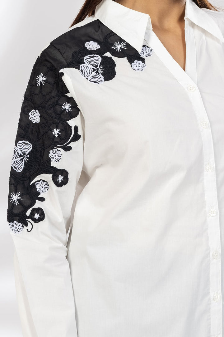 White Embroidered Cotton Shirt with Collared Neck &amp; Full Sleeves