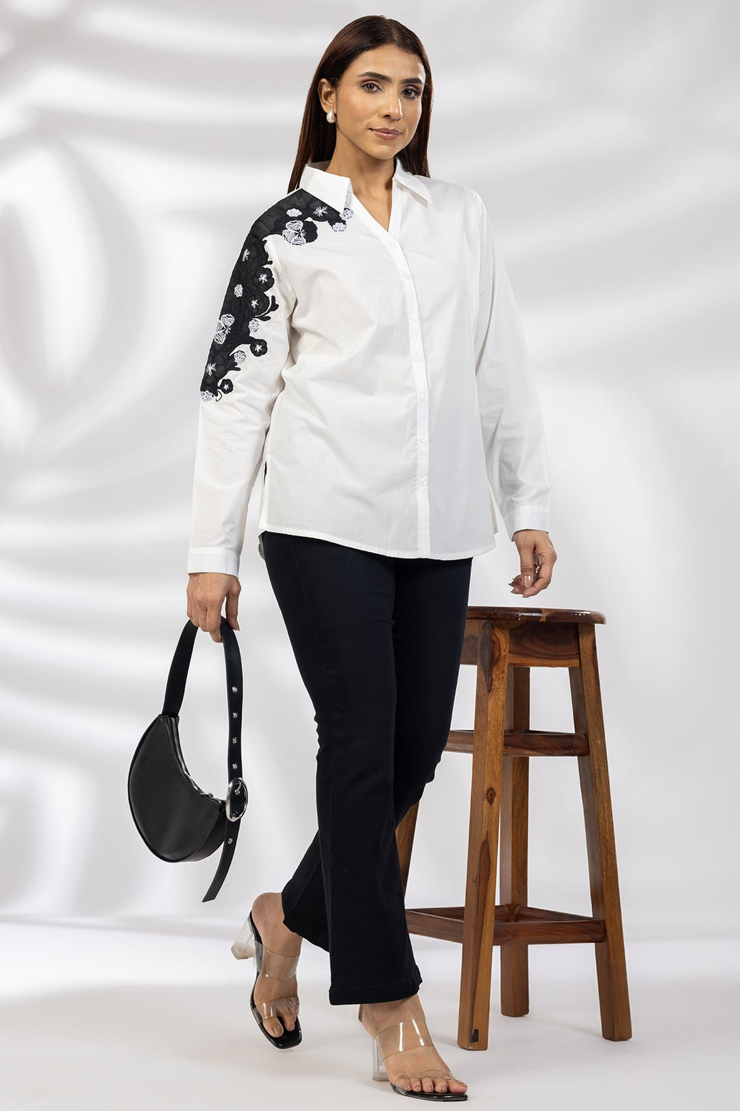 White Embroidered Cotton Shirt with Collared Neck &amp; Full Sleeves