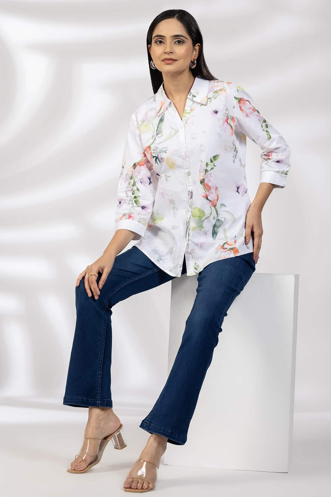 White Printed Poplin Shirt with Collared Neck